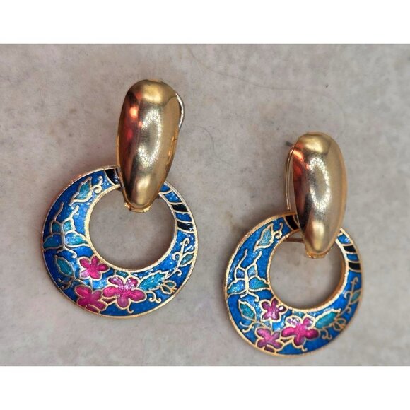 Vintage Gold & Blue Cloisonné Hoop Clip-On Earrings With Pink Floral Design - Picture 1 of 2